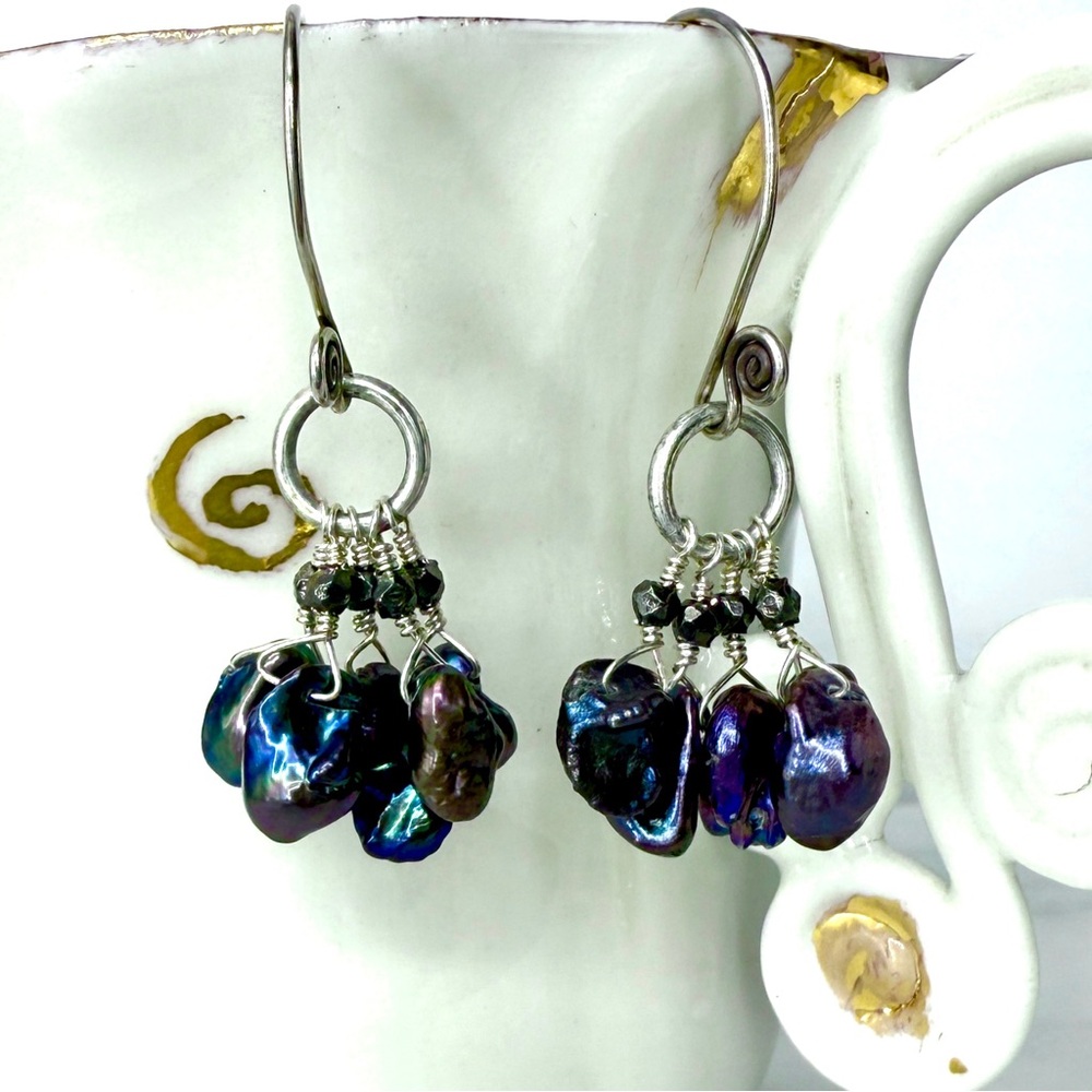 Denim Blue Biwa Cluster Earrings - Picture 3 of 4